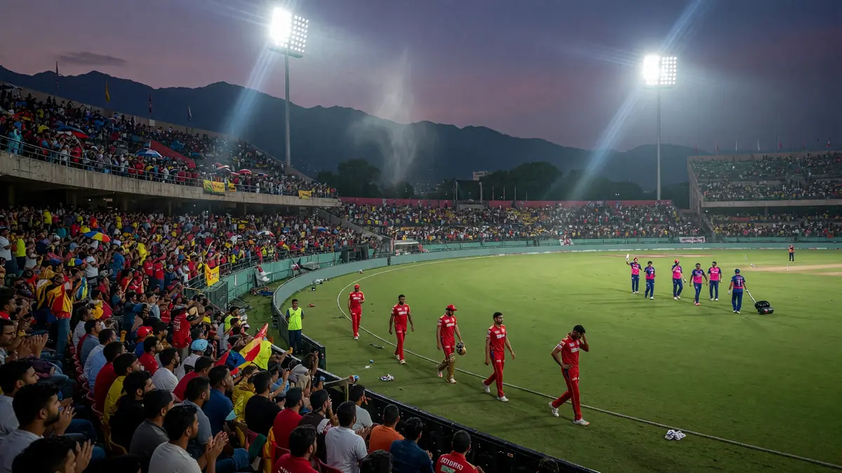 Wide night view of a mountain-backed cricket stadium with floodlights, packed stands and a green outfield