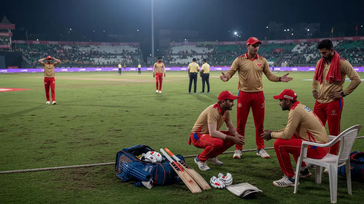 Fielders set around the ring on a green outfield during a tactical phase of a T20 match