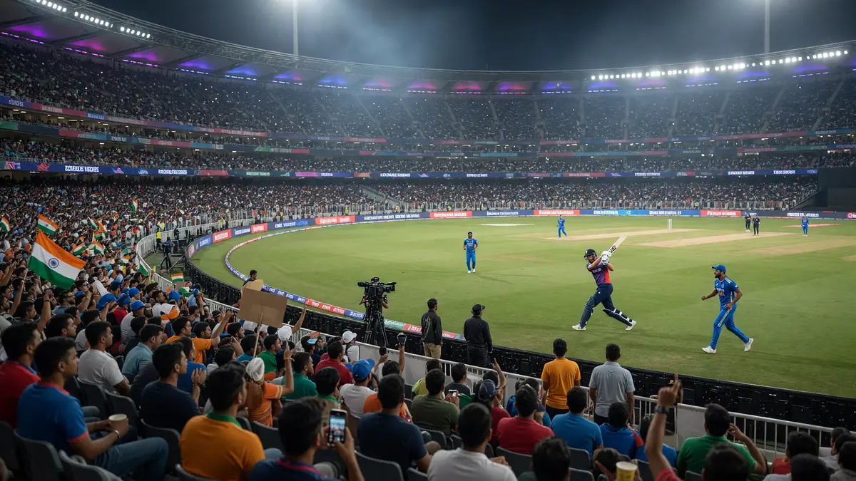 Wide night view of a packed county cricket ground with floodlights and a green outfield before a T20 international