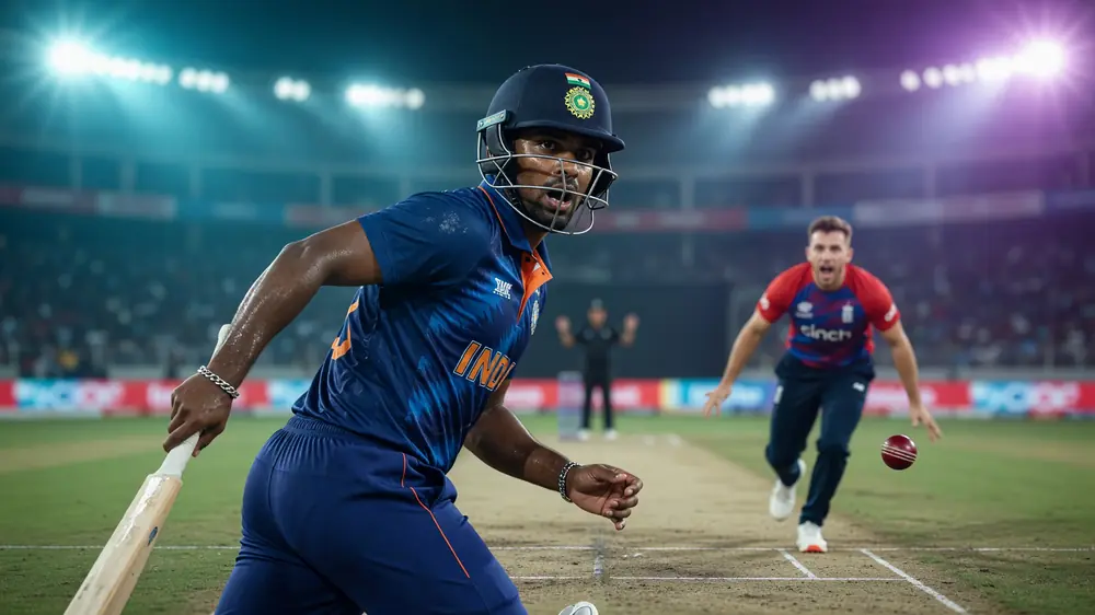 Cricket fast bowler in delivery stride under stadium lights with a blurred crowd behind the rope