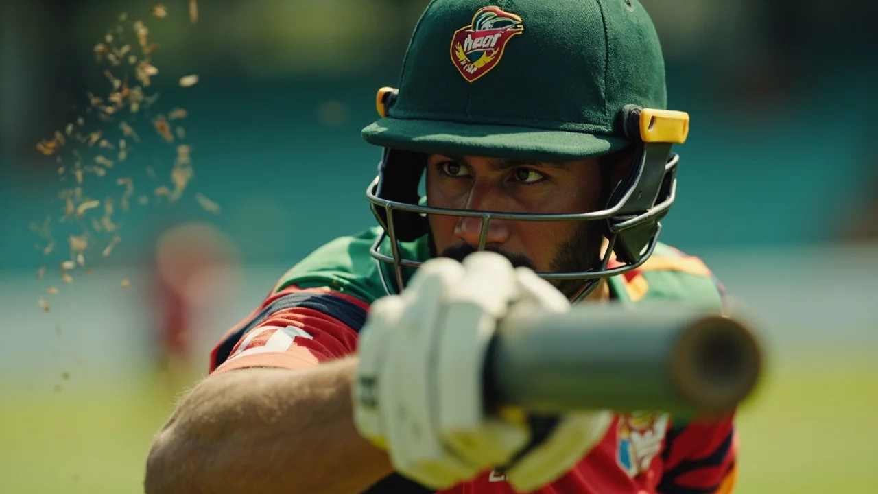 Cricket batter playing a front-foot drive through the covers during a T20 evening match