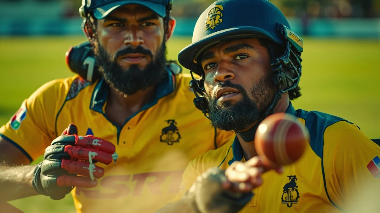 Cricket captain and wicket-keeper discussing field placements during a T20 innings
