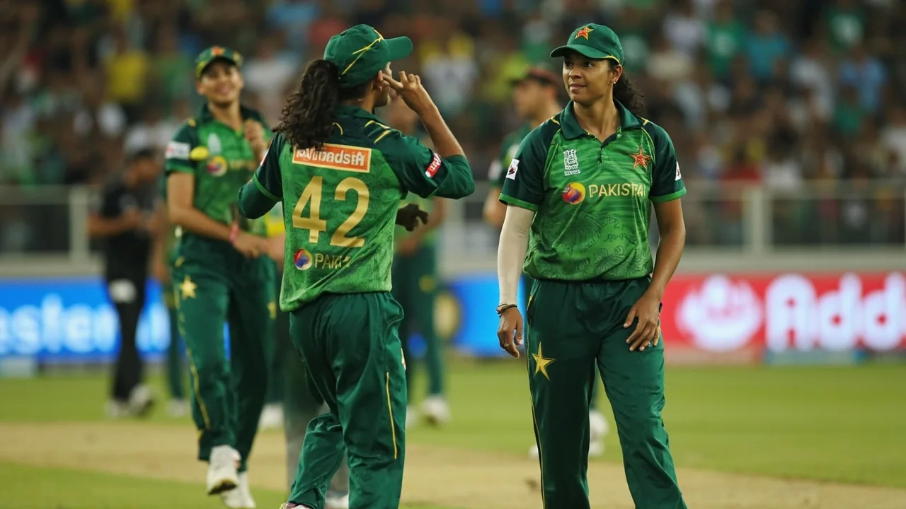 Captain and fielders discussing field placements during a women's T20 match