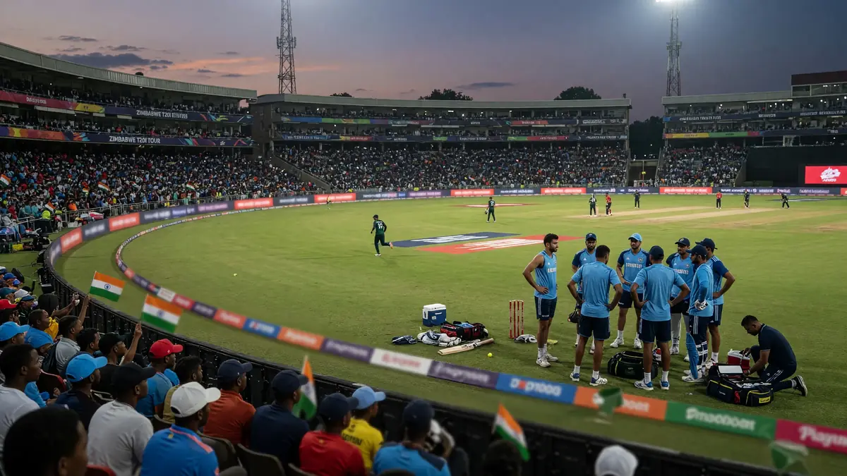 Wide night view of a floodlit cricket stadium with packed stands and a green outfield