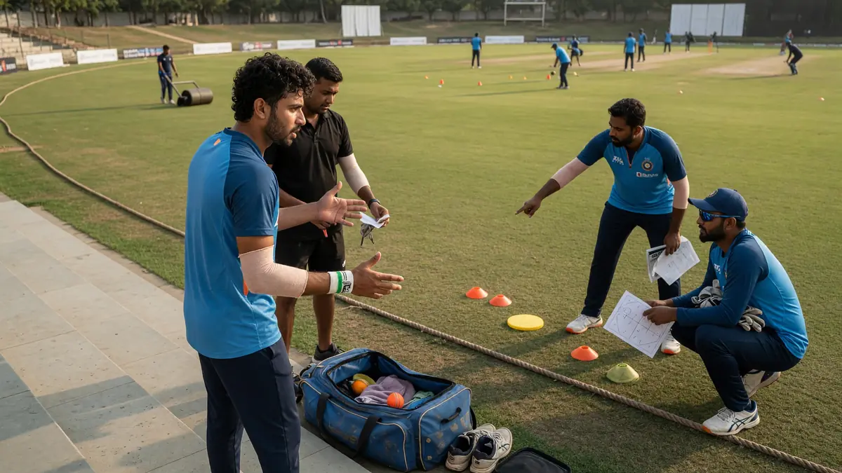 Fielders set around the ring on a green outfield during a tactical phase of a T20 match