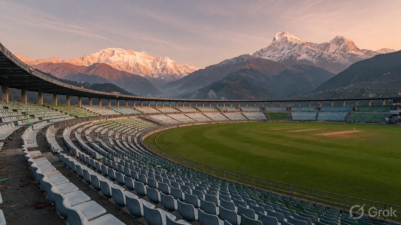 Wide view of the HPCA Stadium bowl at Dharamshala with the Himalayan foothills visible behind the stands, late afternoon golden-hour light