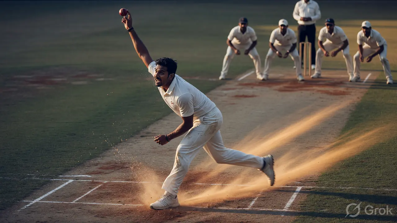Fast bowler in delivery stride on an IPL pitch, late afternoon light raking across the surface