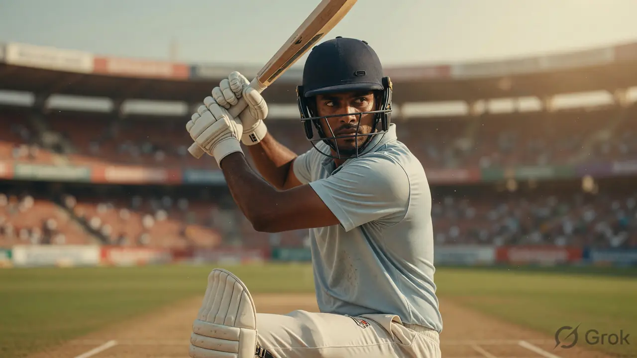 Cricket batter in stance at the crease during an IPL 2026 fixture, mid-innings focus