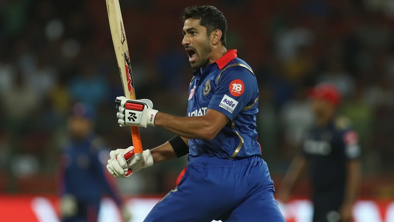 Cricket all-rounder playing an attacking stroke down the ground during an IPL 2026 league-stage innings
