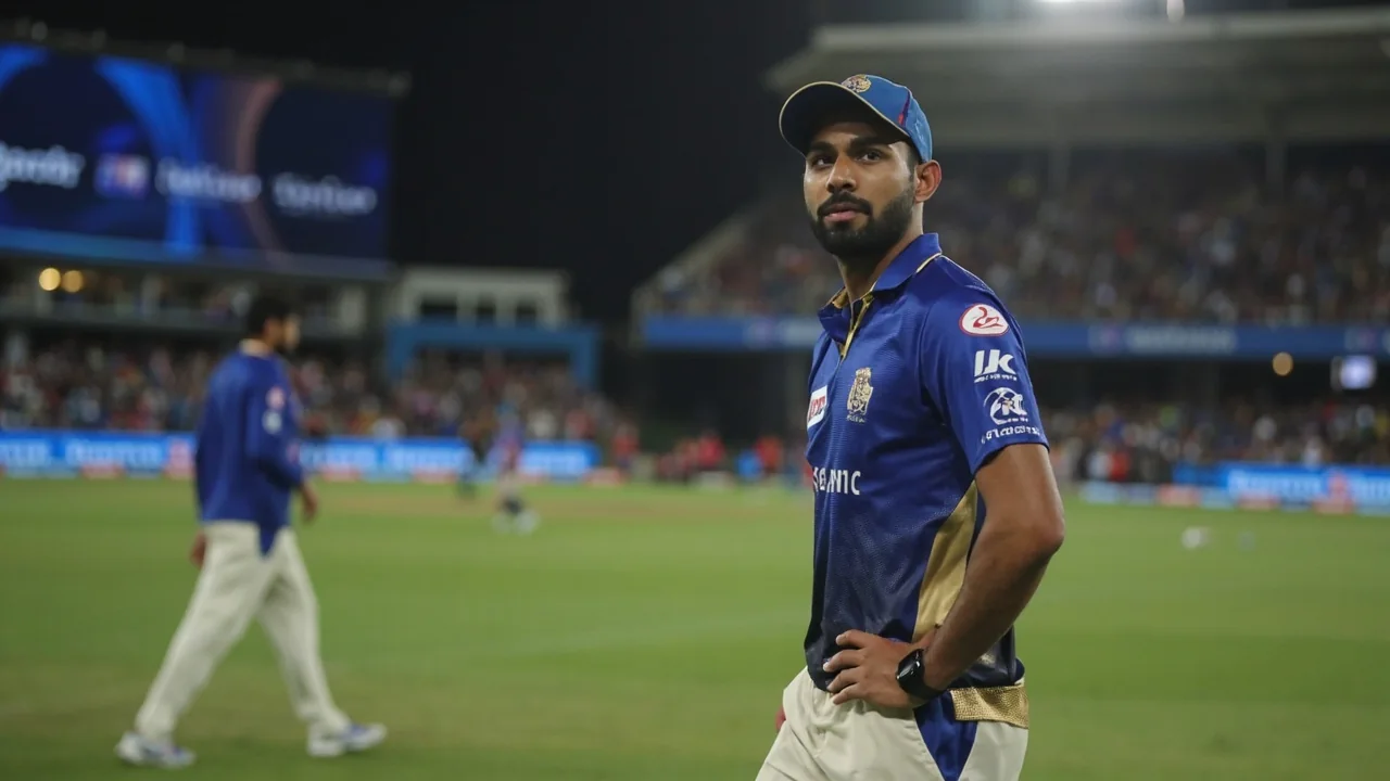 Wide evening view of Mumbai Indians' Wankhede Stadium with packed stands and the dressing-room end visible beyond the boundary